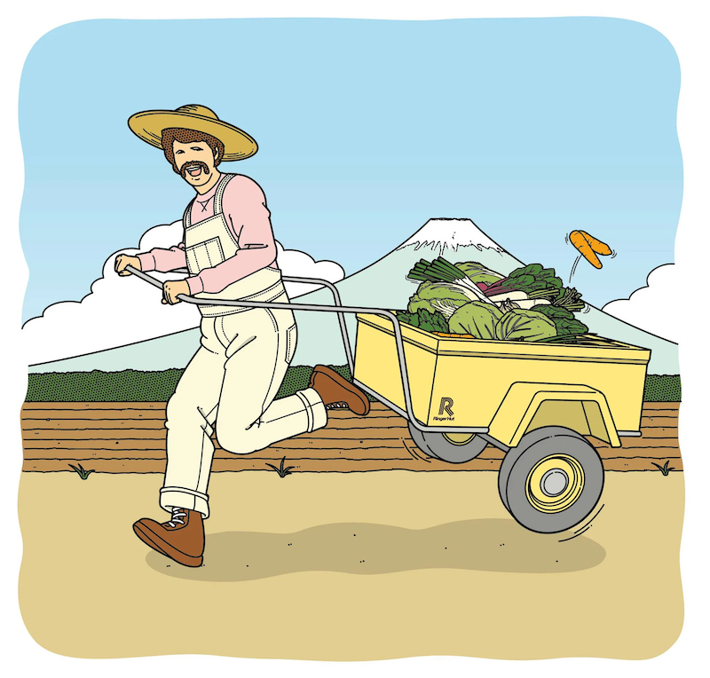 野菜満載のカートを引っ張る農家の男性のイラスト