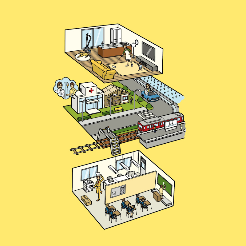 住宅、街、学校、オフィスのイラスト