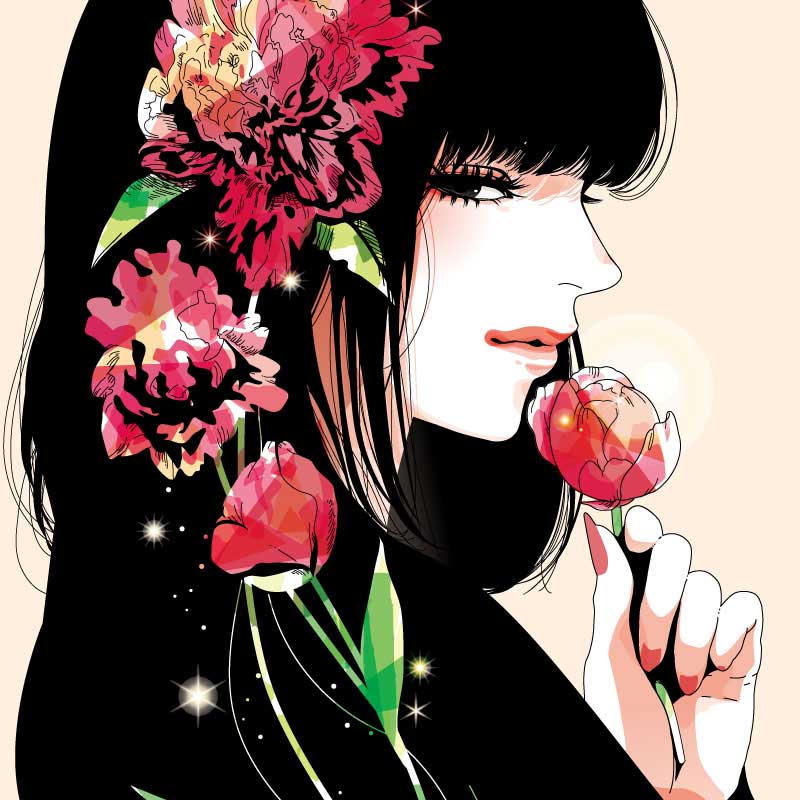 アジア人女性と花