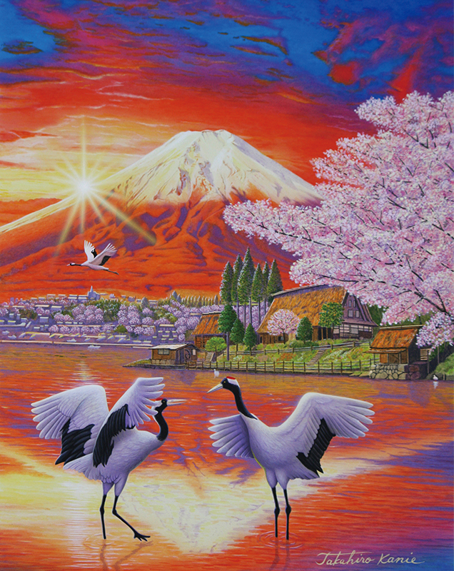 富士山　鶴　桜　朝日